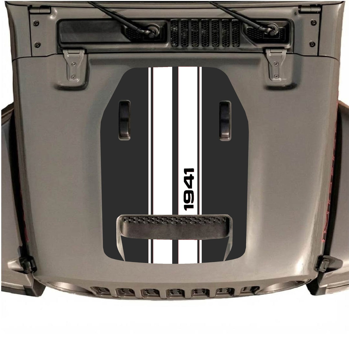 CarCode autocollant de capot pour Jeep Wrangler JL/JLU Rubicon 392 et Gladiator Mojave 2020-2026, style #08, présenté sur le capot du véhicule.