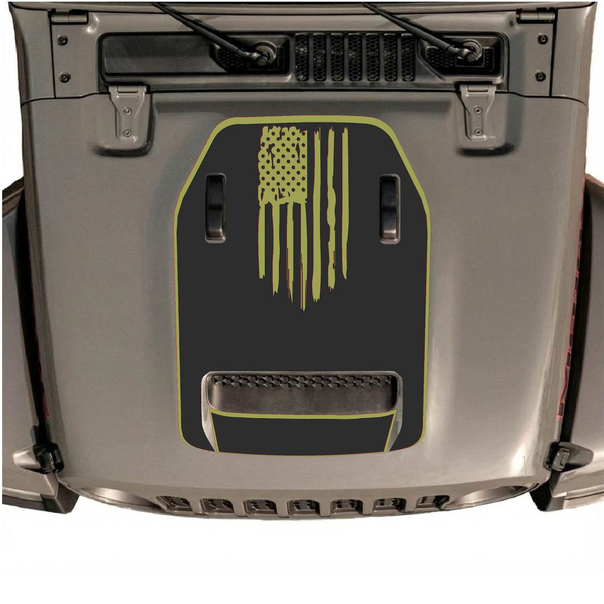 CarCode autocollant de capot pour Jeep Wrangler JL/JLU Rubicon 392 et JT Gladiator Mojave 2020-2026, style n°31, présenté sur le capot du véhicule.