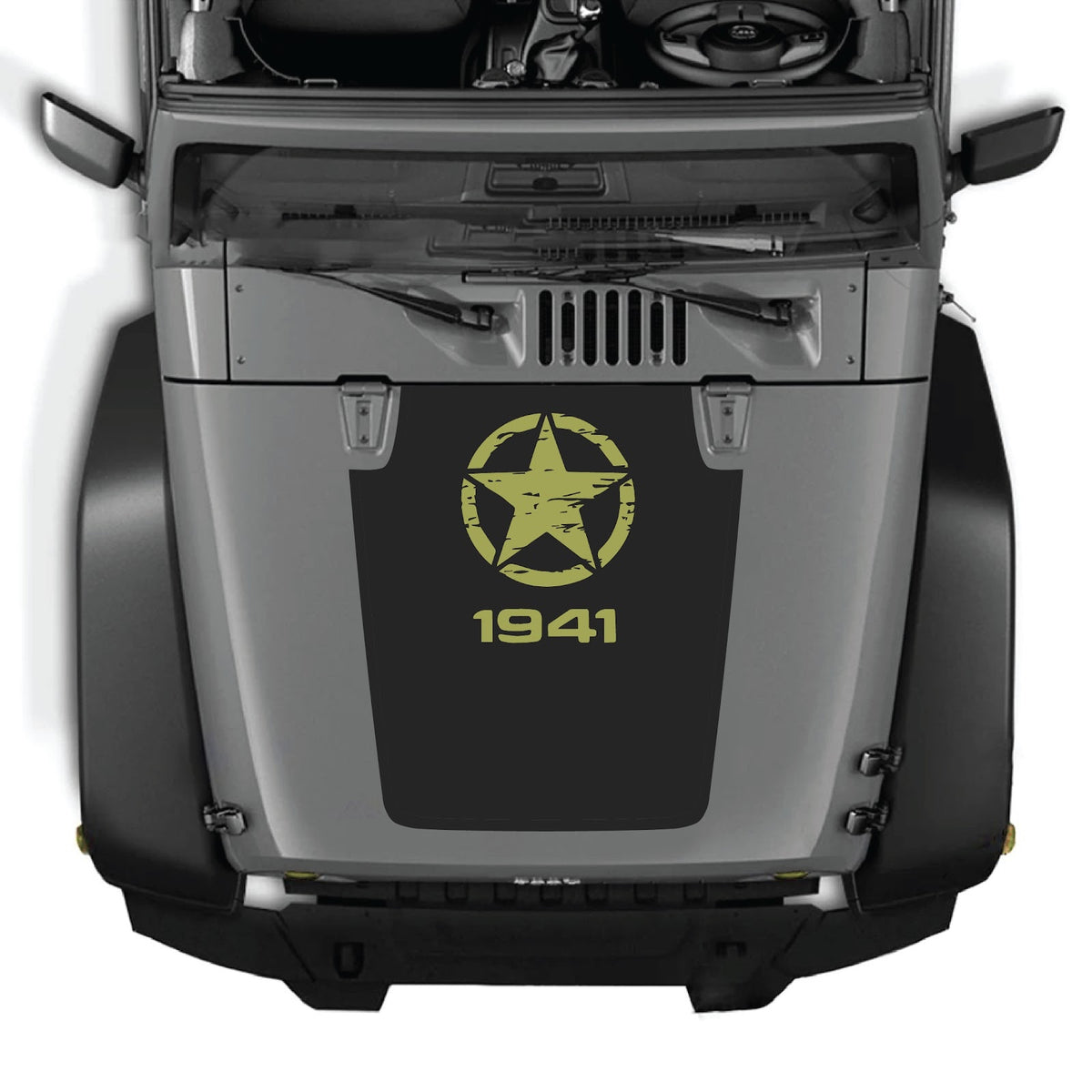 CarCode Jeep Wrangler JK/JKU hood decal Style #46, black graphic graphic sticker on hood of 2007-2018 Jeep Wrangler.