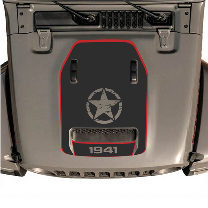 CarCode hood decal for Jeep Wrangler JL/JLU Rubicon 392 and JT Gladiator Mojave, style #90, black and gray graphic design.