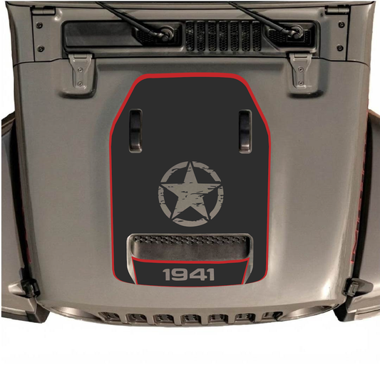 CarCode hood decal for Jeep Wrangler JL/JLU Rubicon 392 and JT Gladiator Mojave, style #90, black and gray graphic design.