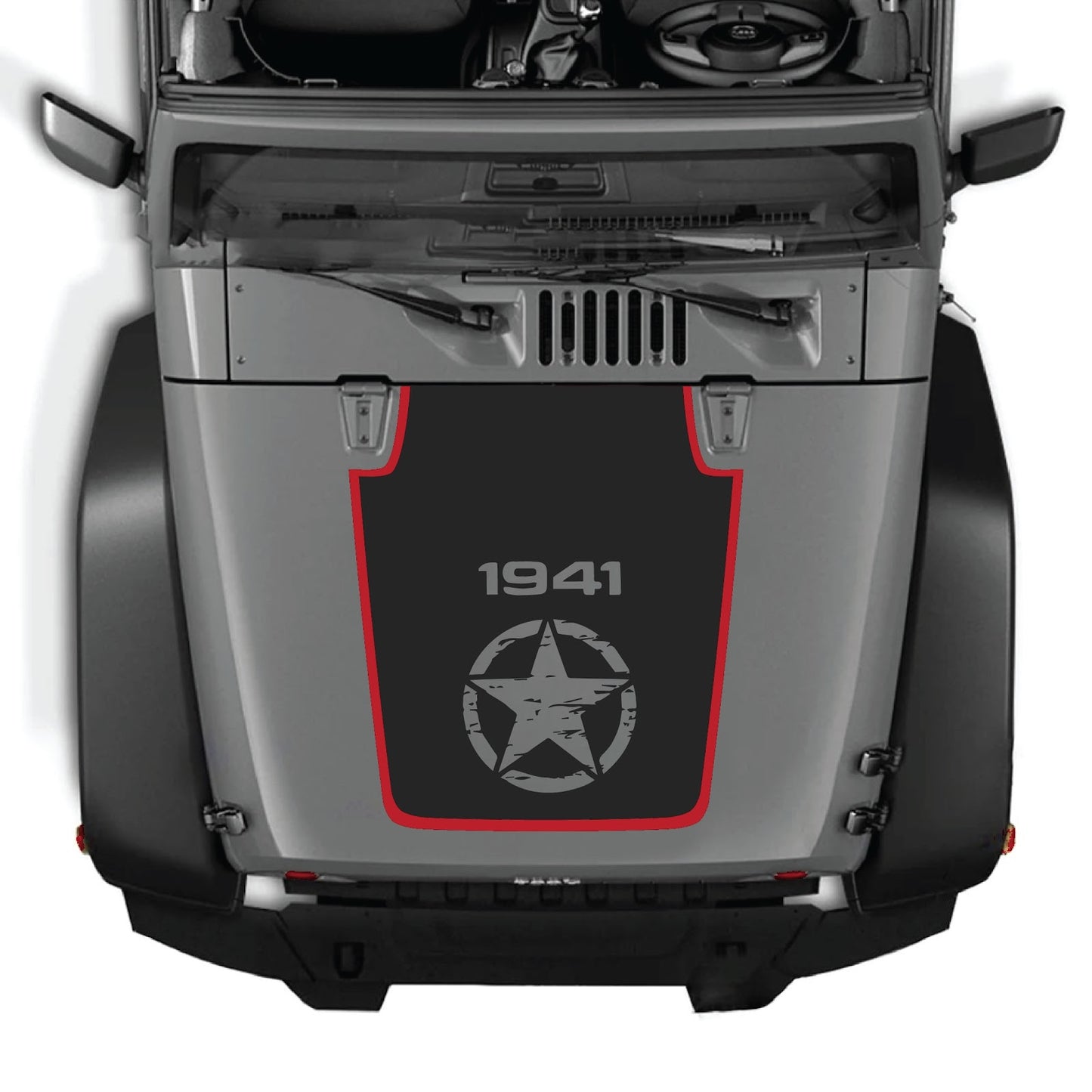 CarCode hood decal for Jeep Wrangler JK/JKU 2007-2018, style #76, shown on vehicle hood in close-up view
