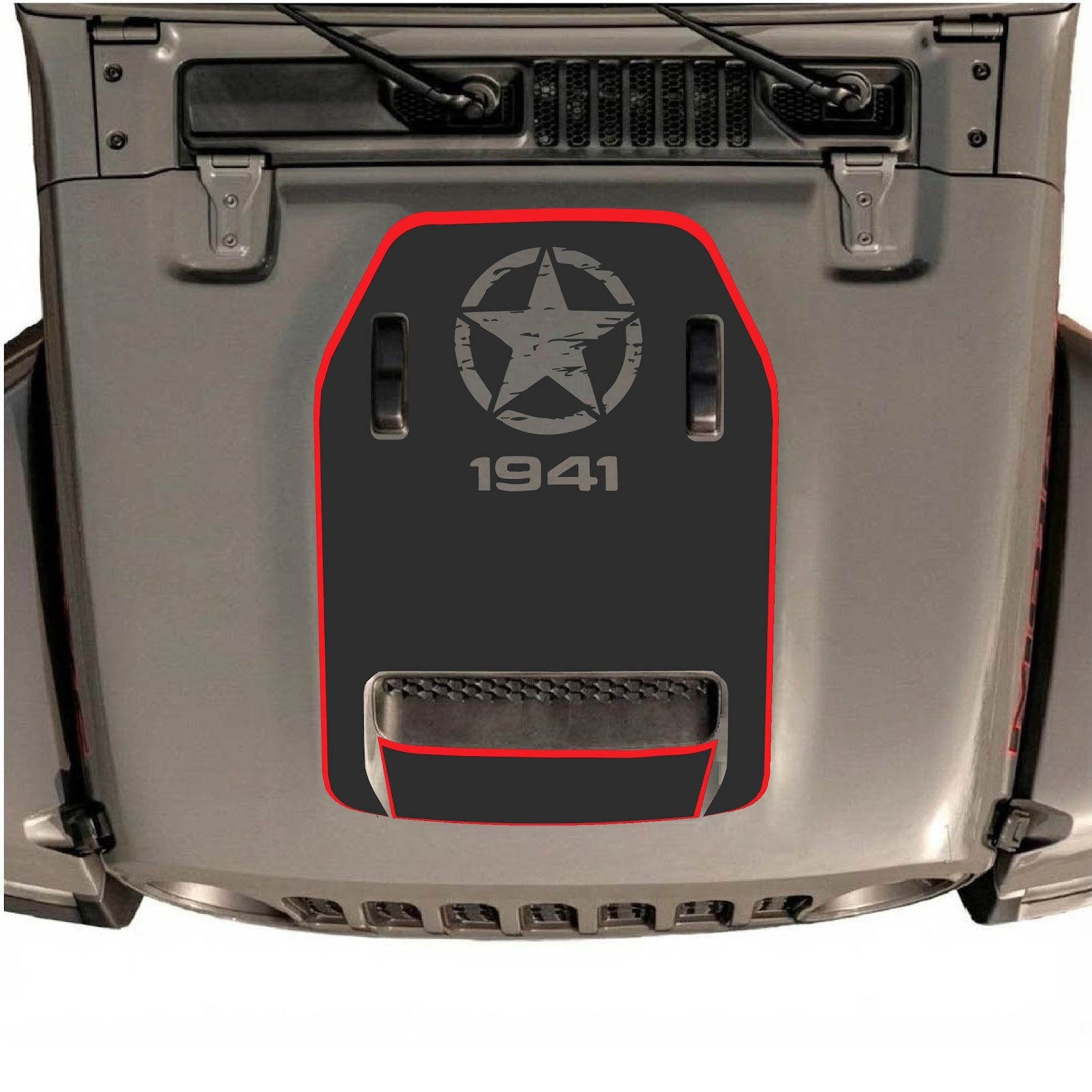 CarCode hood decal for Jeep Wrangler JL/JLU Rubicon 392 and JT Gladiator Mojave, style #87, applied on vehicle’s hood.