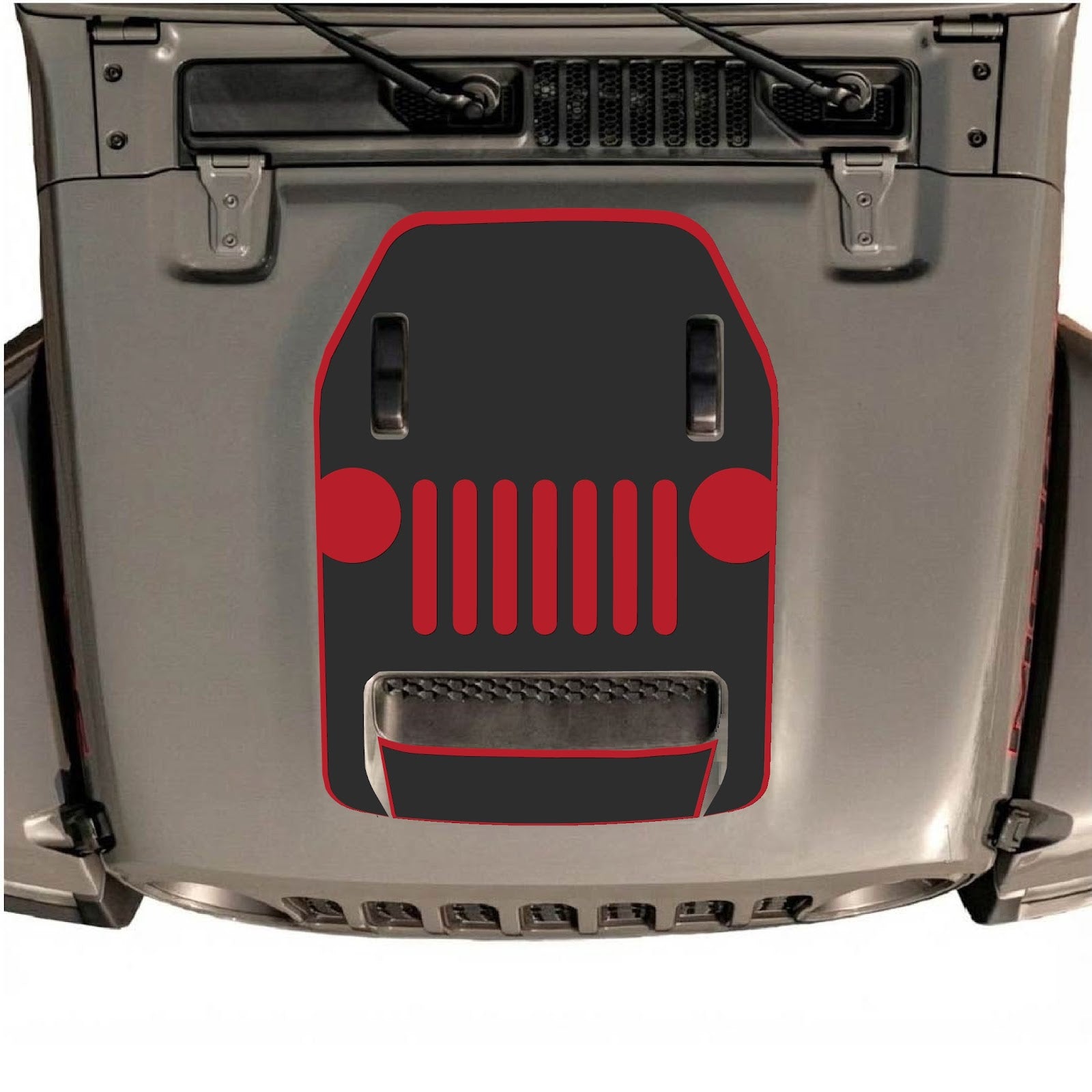 CarCode Jeep Wrangler JL/JLU Rubicon 392 and Gladiator Mojave hood decal in Style #03, black and gray design on vehicle hood