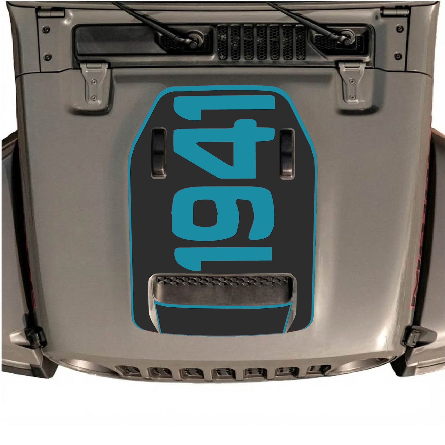 Jeep Wrangler JL/JLU Rubicon 392 or JT Gladiator Mojave hood decal by CarCode, style #01, shown on vehicle hood in black and white.