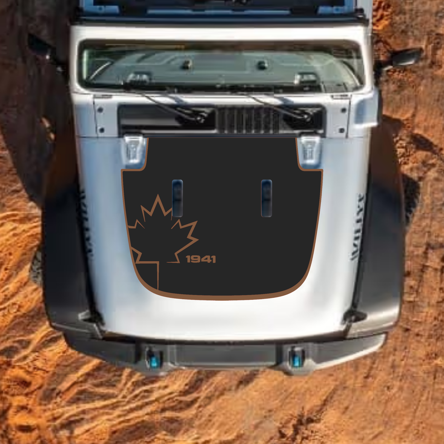 CarCode Jeep Wrangler JL and Gladiator JT hood decal with stylish design, fits 2018+ models, enhances vehicle's appearance.