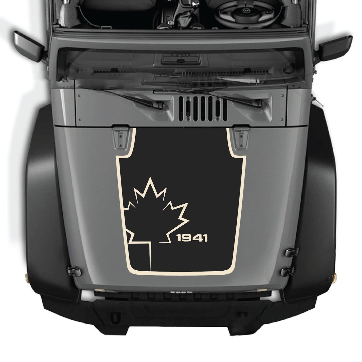 CarCode hood decal for Jeep Wrangler JK/JKU 2007-2018, Style #18, shown on a vehicle's hood in the image.