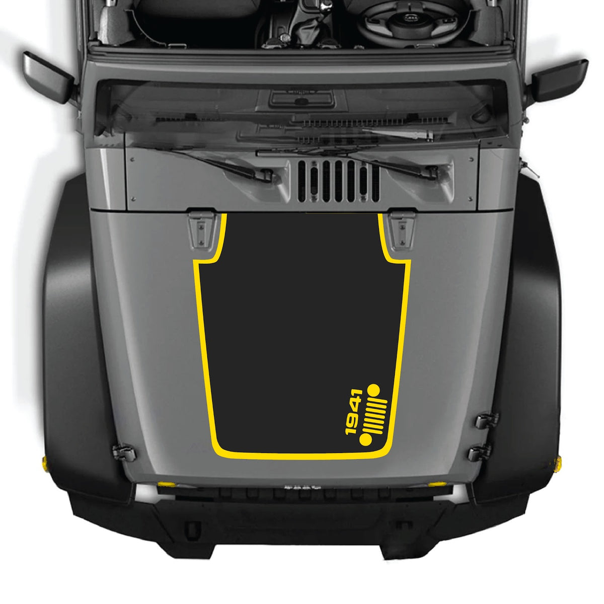 Jeep Wrangler JK/JKU hood decal by CarCode, Style #59, black and gray design on the vehicle's hood for a custom look