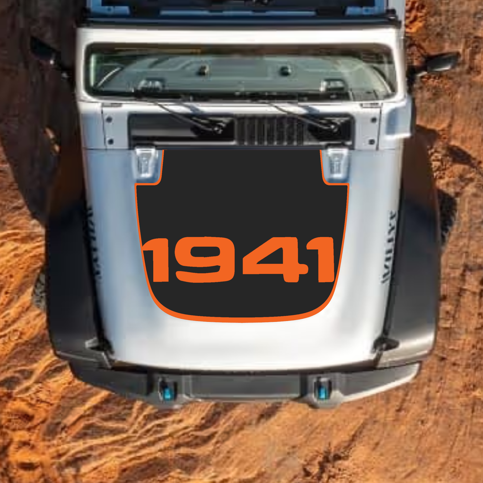 CarCode hood decal for Jeep Wrangler JL, JLU, and Gladiator JT, style #55, featuring a bold graphic design on the standard hood.