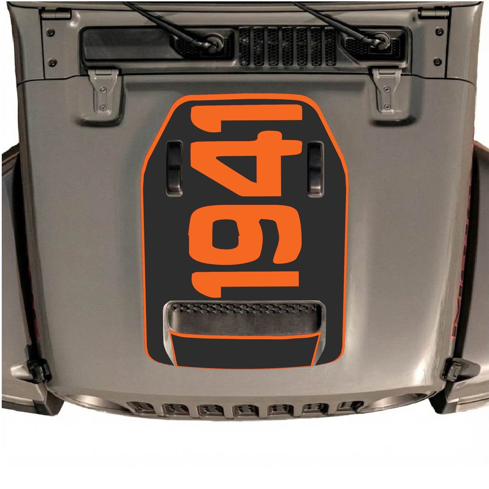 Jeep Wrangler JL/JLU Rubicon 392 and Gladiator Mojave hood decal by CarCode, style #01, black and gray graphic design on hood.