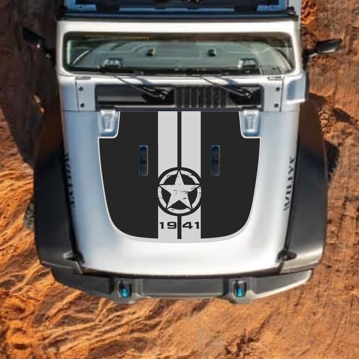 CarCode Jeep Wrangler JL and Gladiator JT hood decal in style #67, black and white graphic design on standard 2018+ Jeep hood