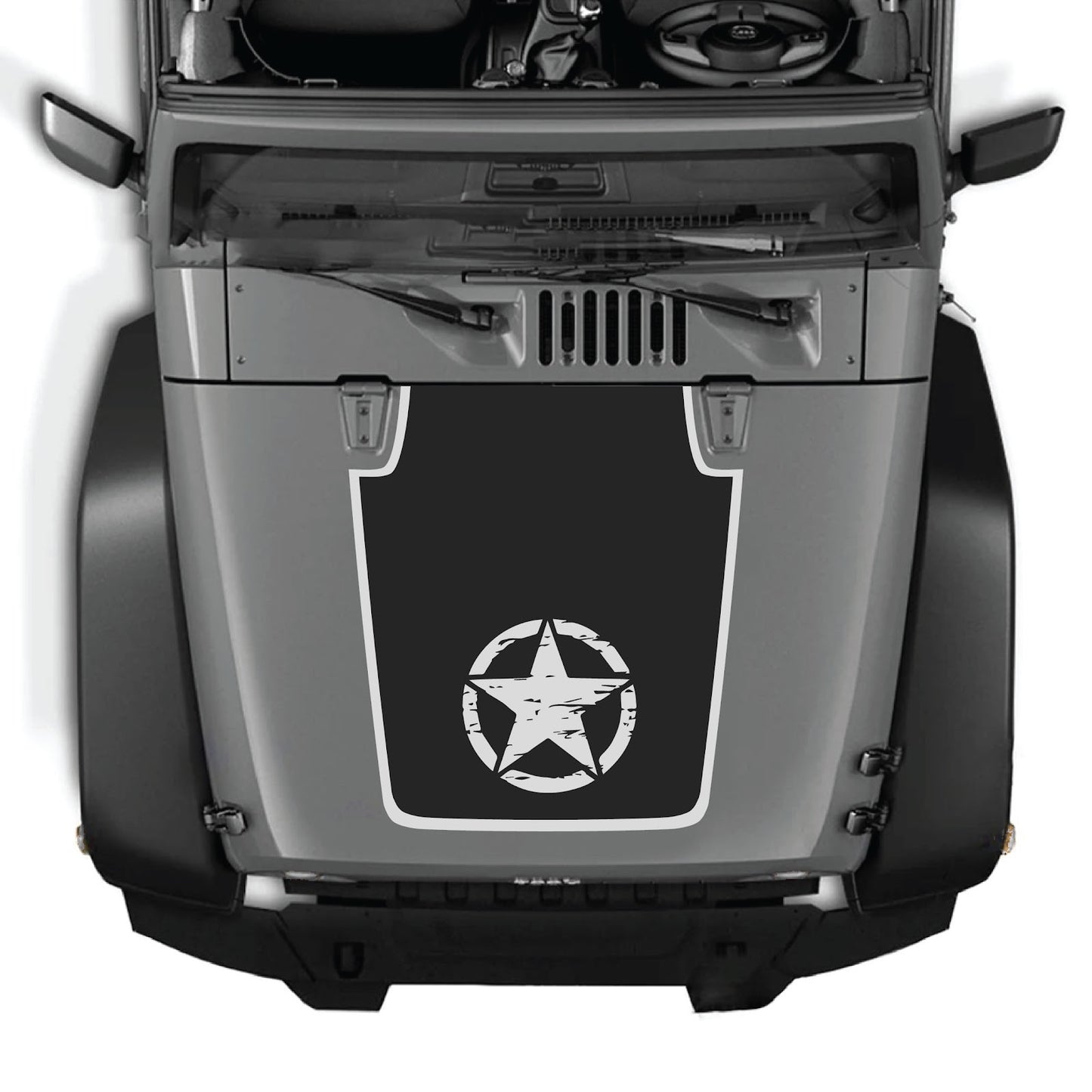 Jeep Wrangler JK/JKU hood decal by CarCode, style #21, in black with bold graphic design on silver background