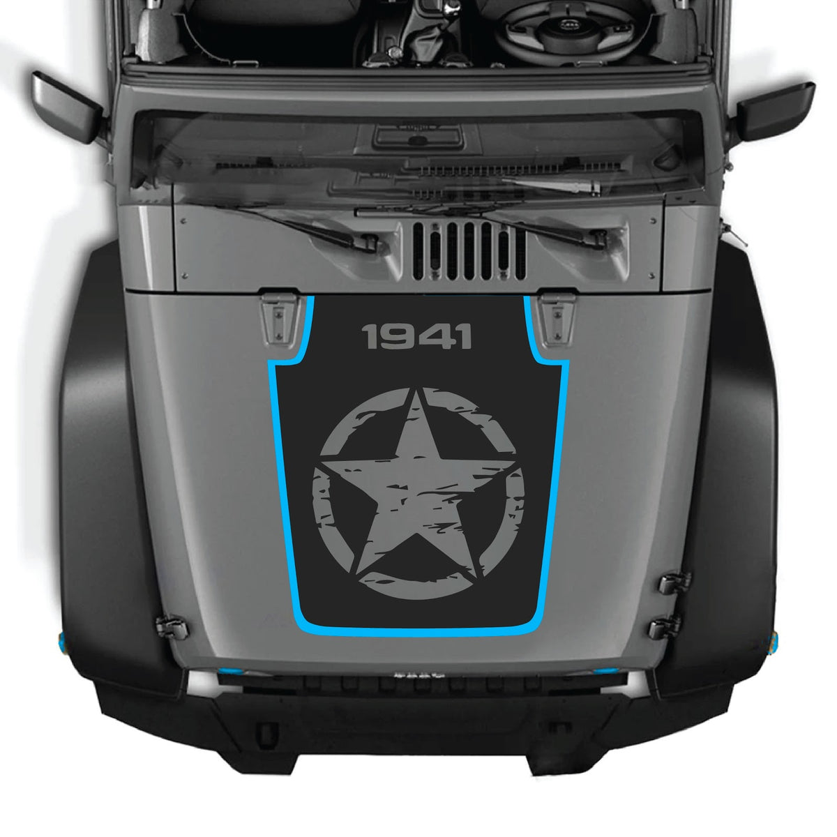 CarCode Jeep Wrangler JK/JKU hood decal style #79, black and white design on the vehicle's hood, fits 2007-2018 models.