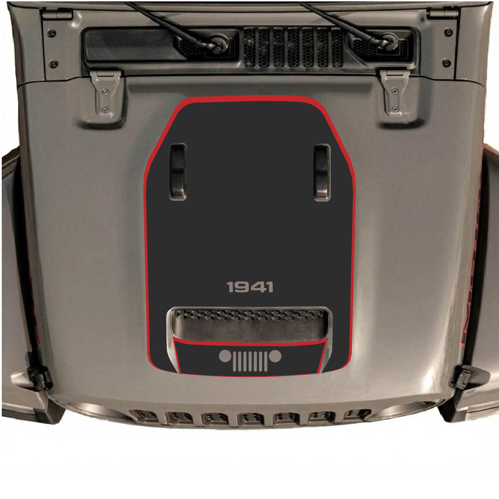 CarCode hood decal for Jeep Wrangler JL/JLU Rubicon 392 and Gladiator Mojave 2020-2026, style #98, in black and gray graphics