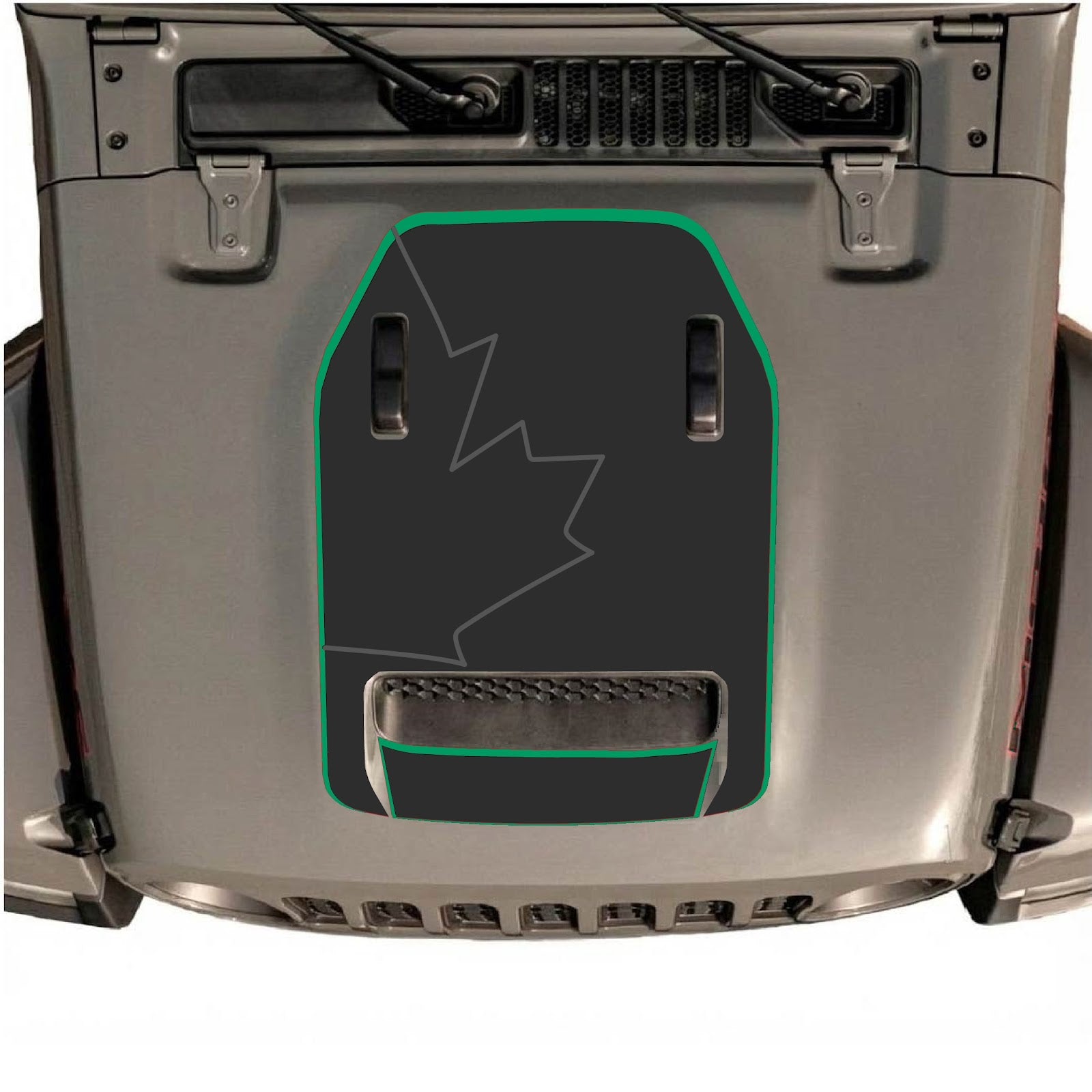 Jeep Wrangler JL/JLU Rubicon 392 and Gladiator Mojave hood decal by CarCode, style #82, with black and gray graphic design.