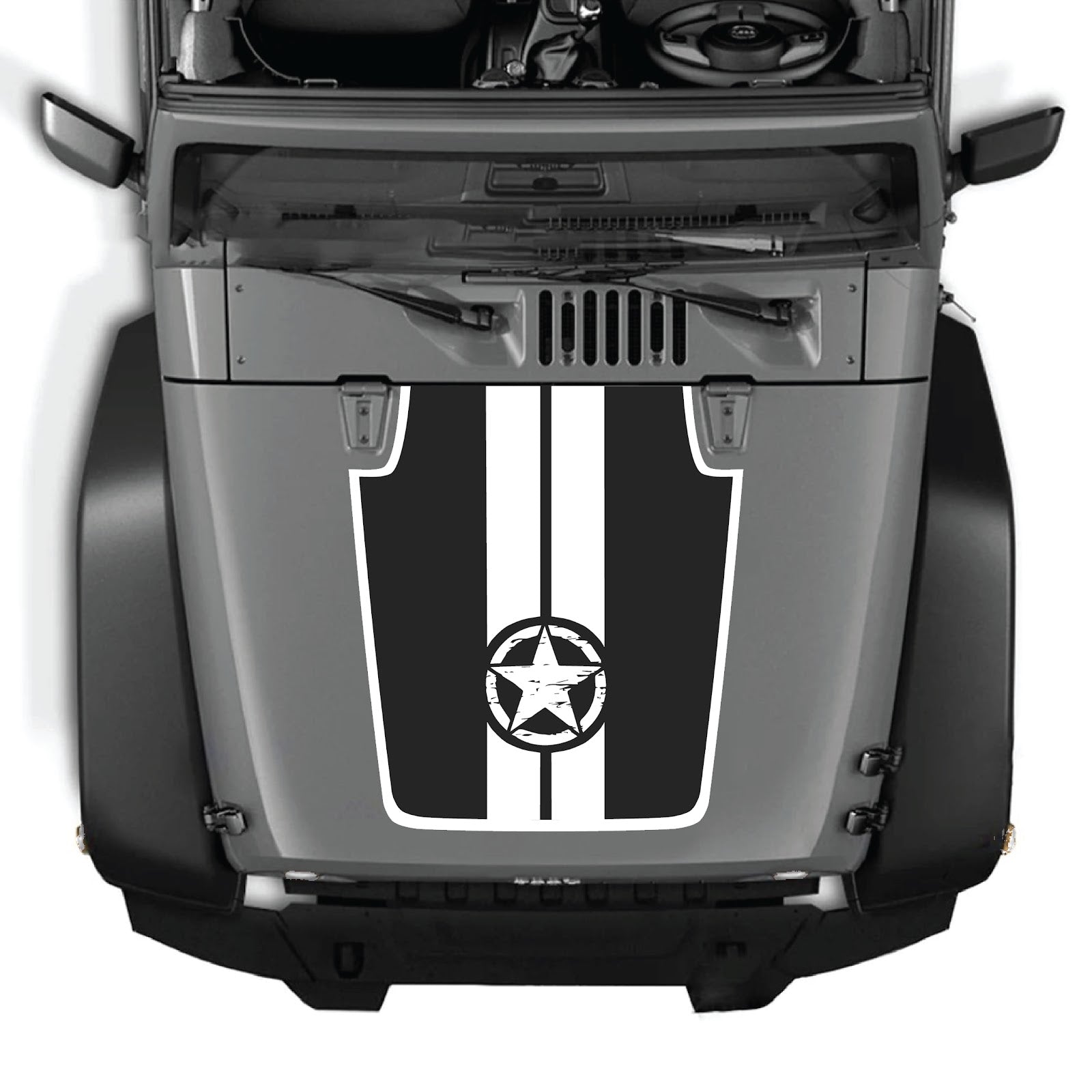 CarCode hood decal for Jeep Wrangler JK/JKU 2007-2018, style #42, shown on vehicle hood in black with graphic design.