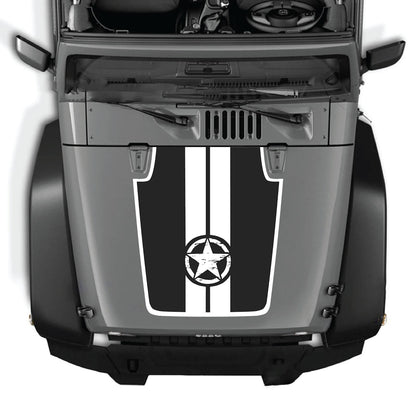 CarCode hood decal for Jeep Wrangler JK/JKU 2007-2018, style #42, shown on vehicle hood in black with graphic design.