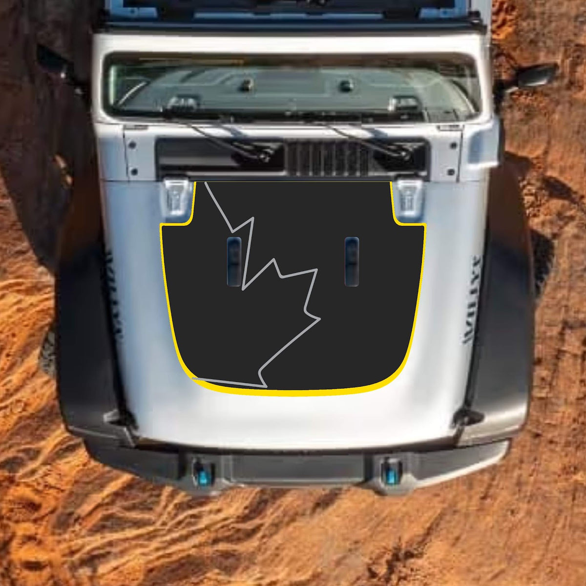 CarCode Jeep Wrangler JL and Gladiator JT hood decal in style #81, black and white design on standard 2018+ Jeep hood.