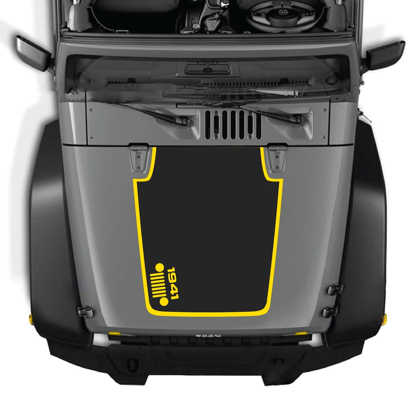 CarCode Jeep Wrangler JK/JKU hood decal Style #58, black graphic design on the vehicle's hood for 2007-2018 models.