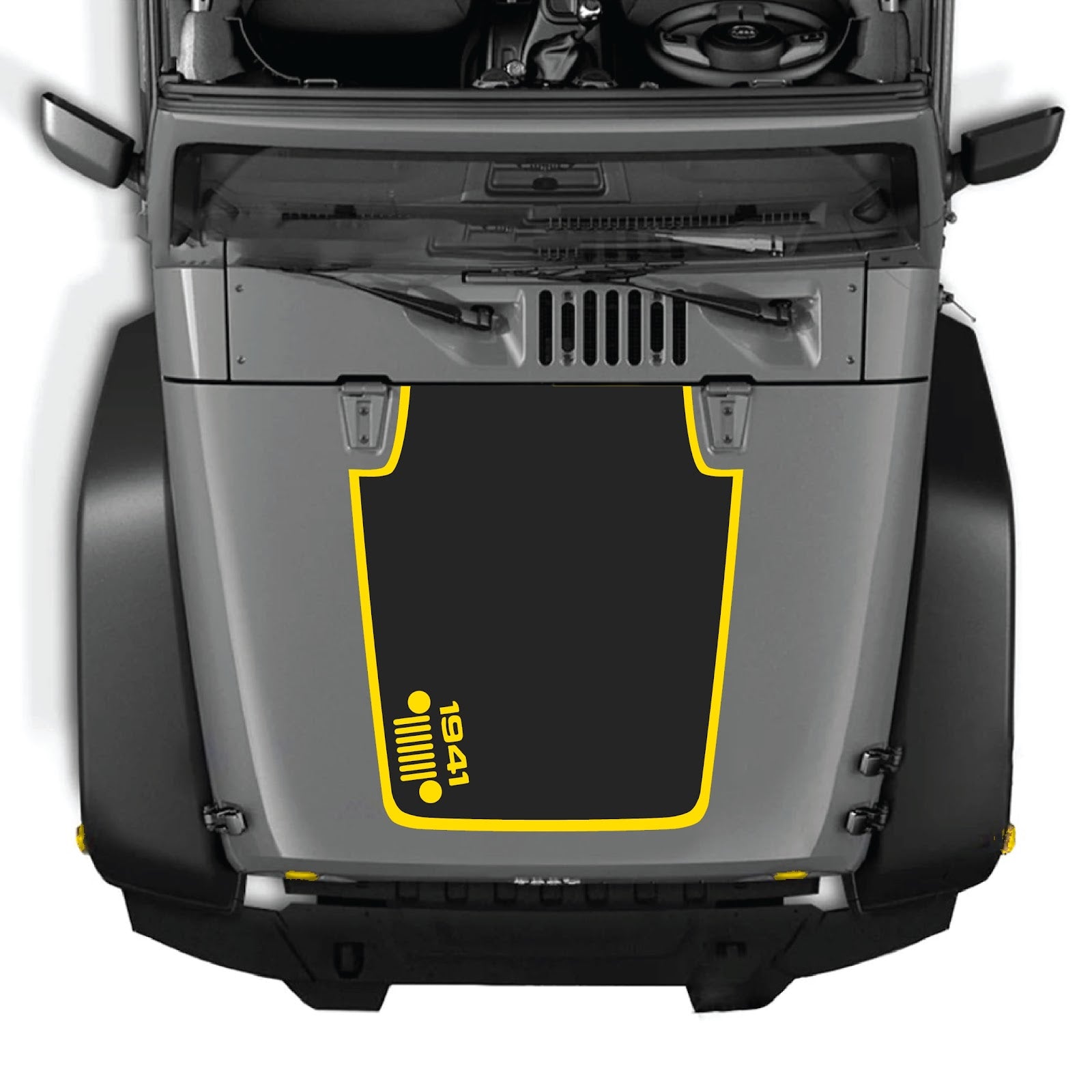 CarCode Jeep Wrangler JK/JKU hood decal Style #58, black graphic design on the vehicle's hood for 2007-2018 models.