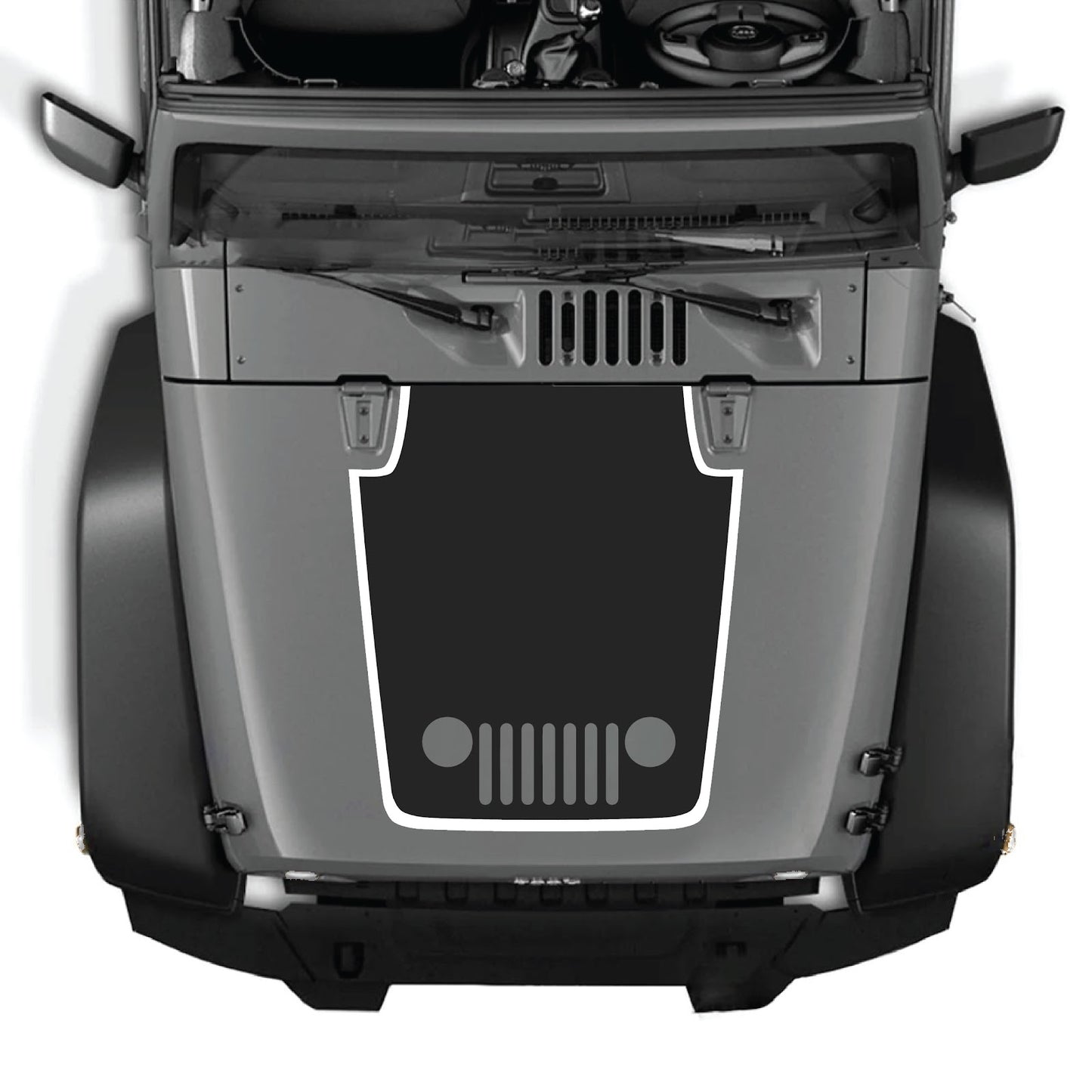 CarCode Jeep Wrangler JK/JKU 2007-2018 hood decal, style #80, black and white graphic design on the hood of the vehicle.