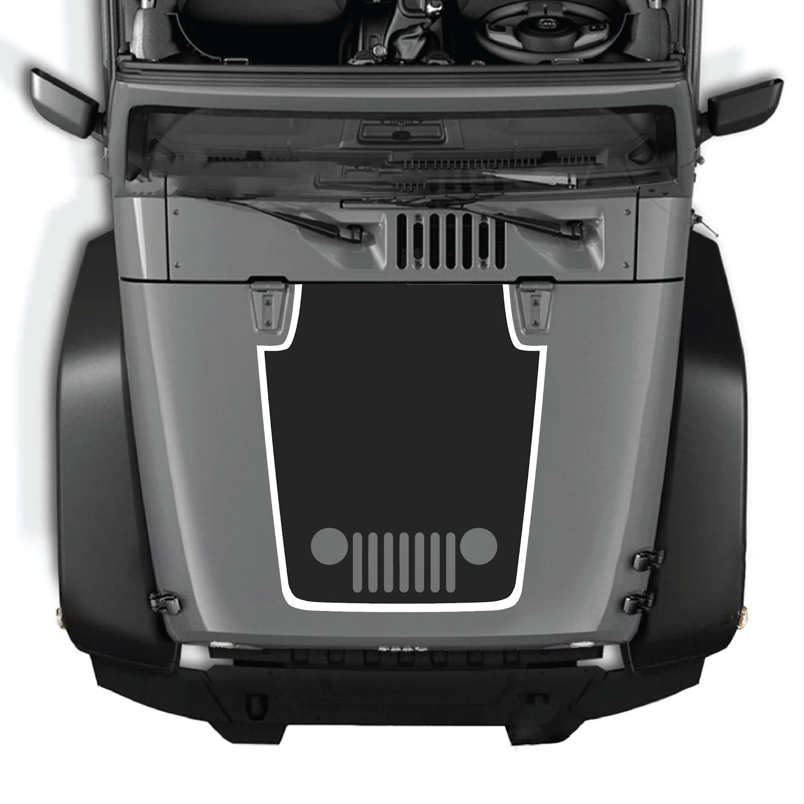 CarCode Jeep Wrangler JK/JKU 2007-2018 hood decal, style #80, black and white graphic design on the hood of the vehicle.