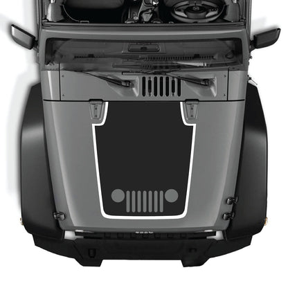 CarCode Jeep Wrangler JK/JKU 2007-2018 hood decal, style #80, black and white graphic design on the hood of the vehicle.