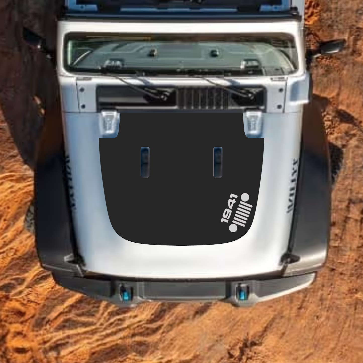 Jeep Wrangler JL and Gladiator JT hood decal in black with CarCode style #60 design on standard 2018+ hood.