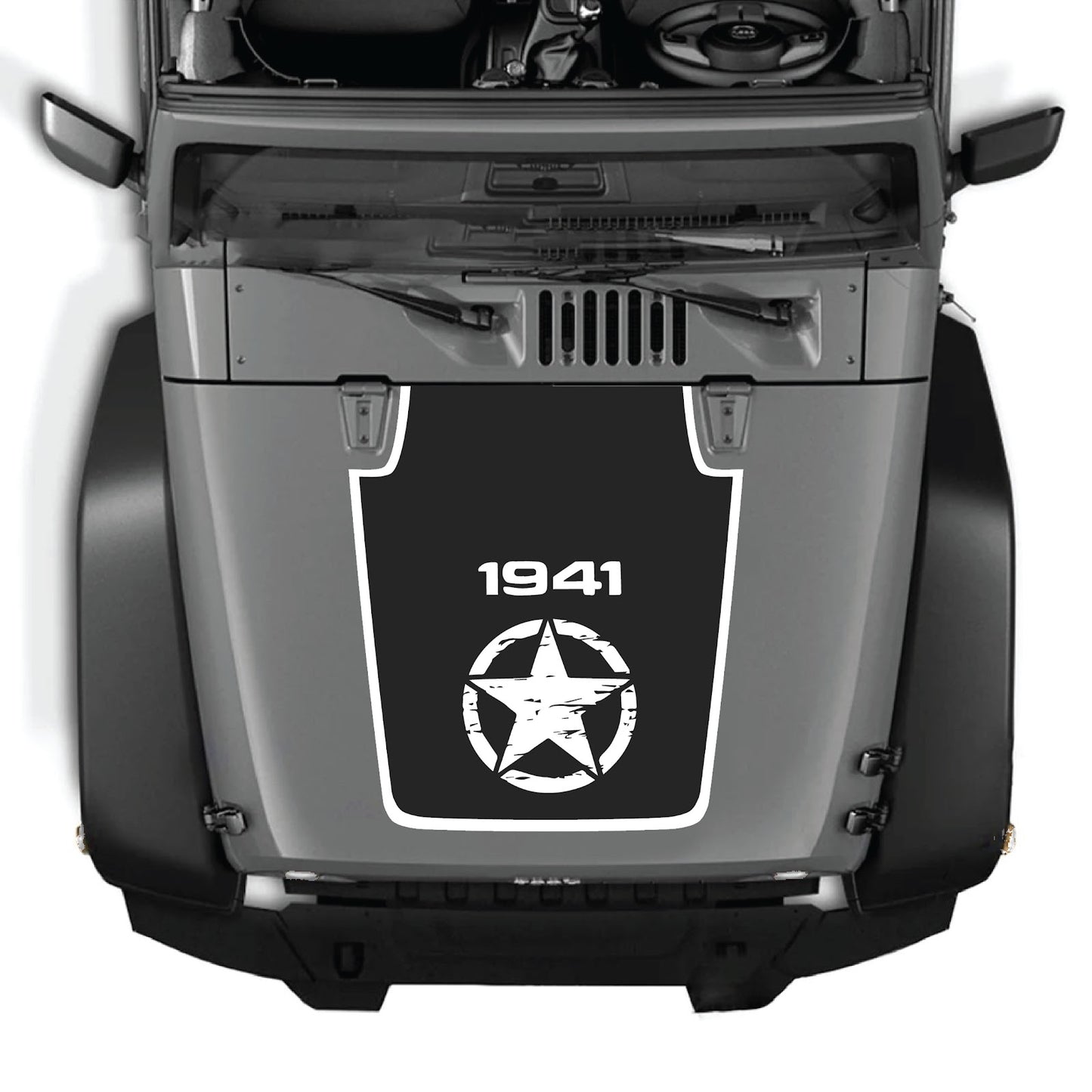 CarCode Jeep Wrangler JK/JKU hood decal Style #22, black and white graphic design on hood of 2007-2018 Jeep Wrangler.