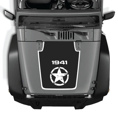 CarCode Jeep Wrangler JK/JKU hood decal Style #22, black and white graphic design on hood of 2007-2018 Jeep Wrangler.