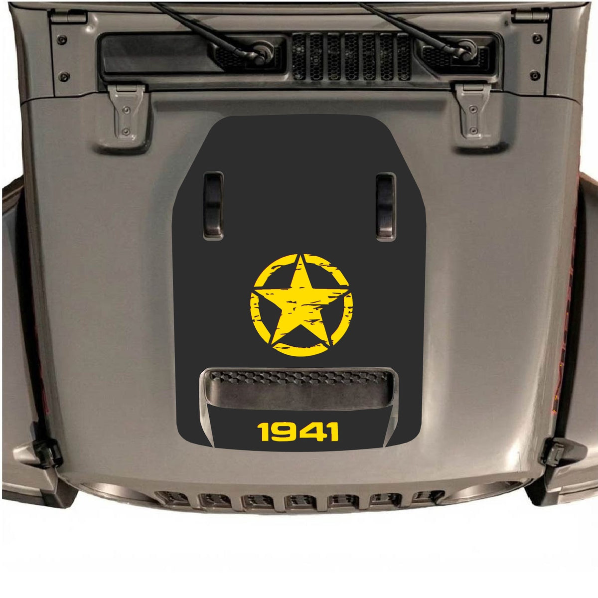 alt
Autocollant de capot CarCode pour Jeep Wrangler JL/JLU Rubicon 392 et JT Gladiator Mojave, style n°44, posé sur le capot, motif noir et gris.