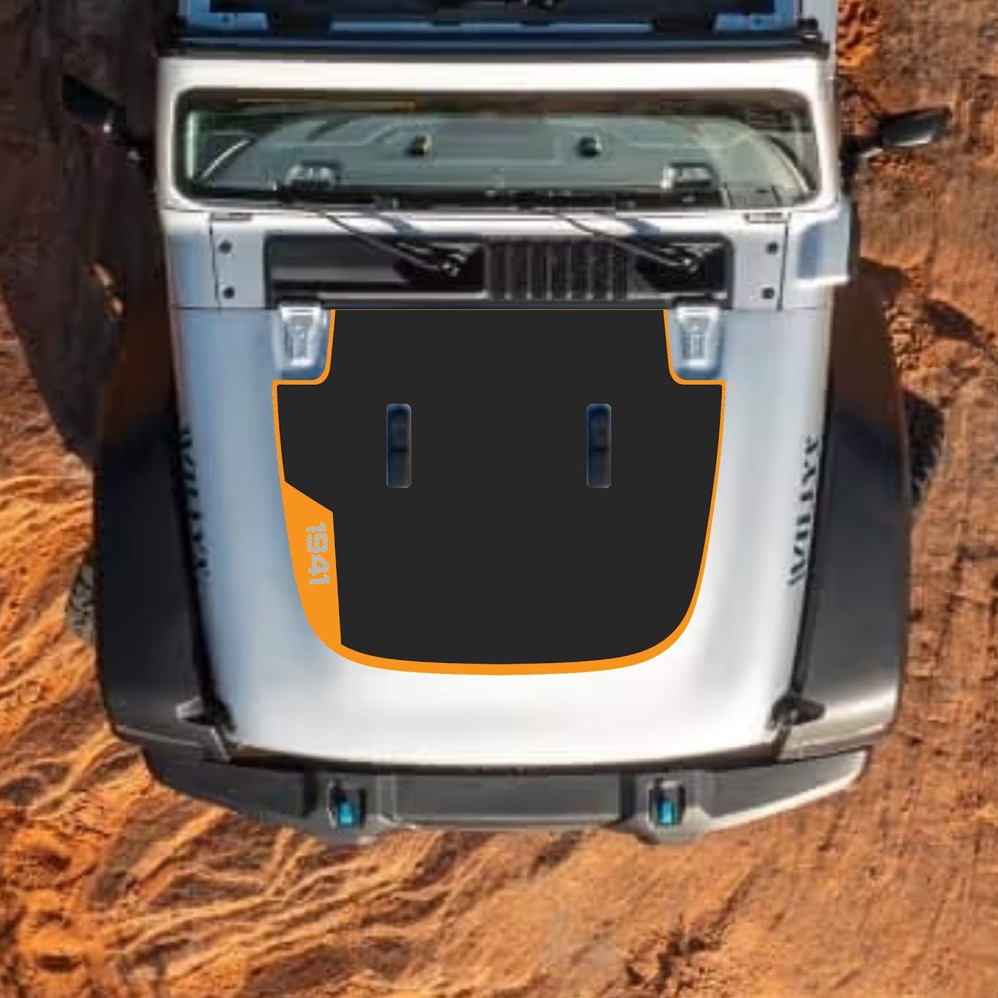 CarCode hood decal for Jeep Wrangler JL, JLU, Gladiator JT, 2018+ style, black and white graphic design on vehicle hood.