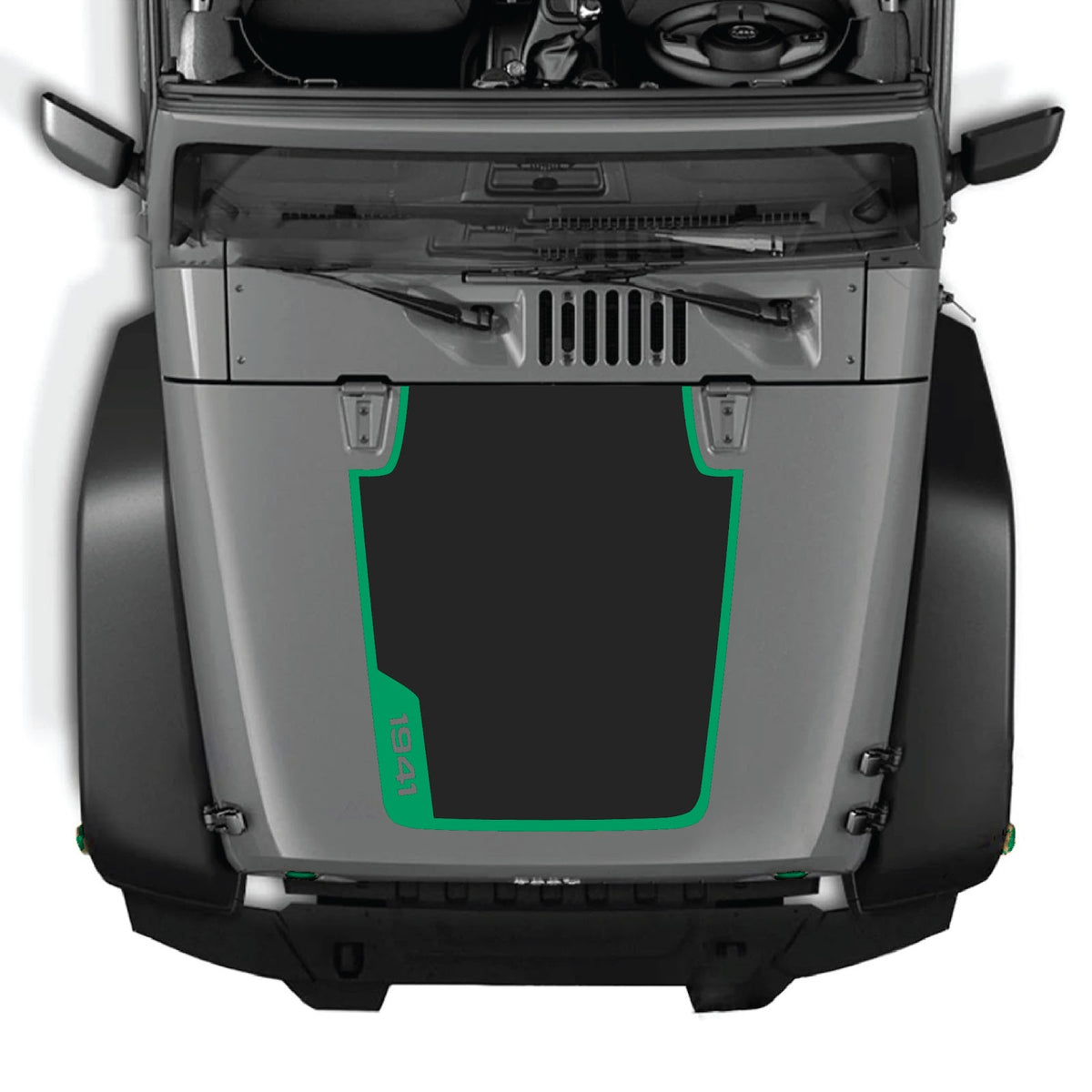 CarCode hood decal for Jeep Wrangler JK/JKU 2007-2018, style #86, shown on a black Jeep with the decal installed on the hood.