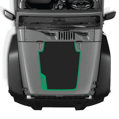 CarCode hood decal for Jeep Wrangler JK/JKU 2007-2018, style #86, shown on a black Jeep with the decal installed on the hood.