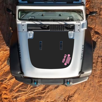 CarCode hood decal for Jeep Wrangler JL and Gladiator JT, stylish black graphic design on vehicle's standard hood.
