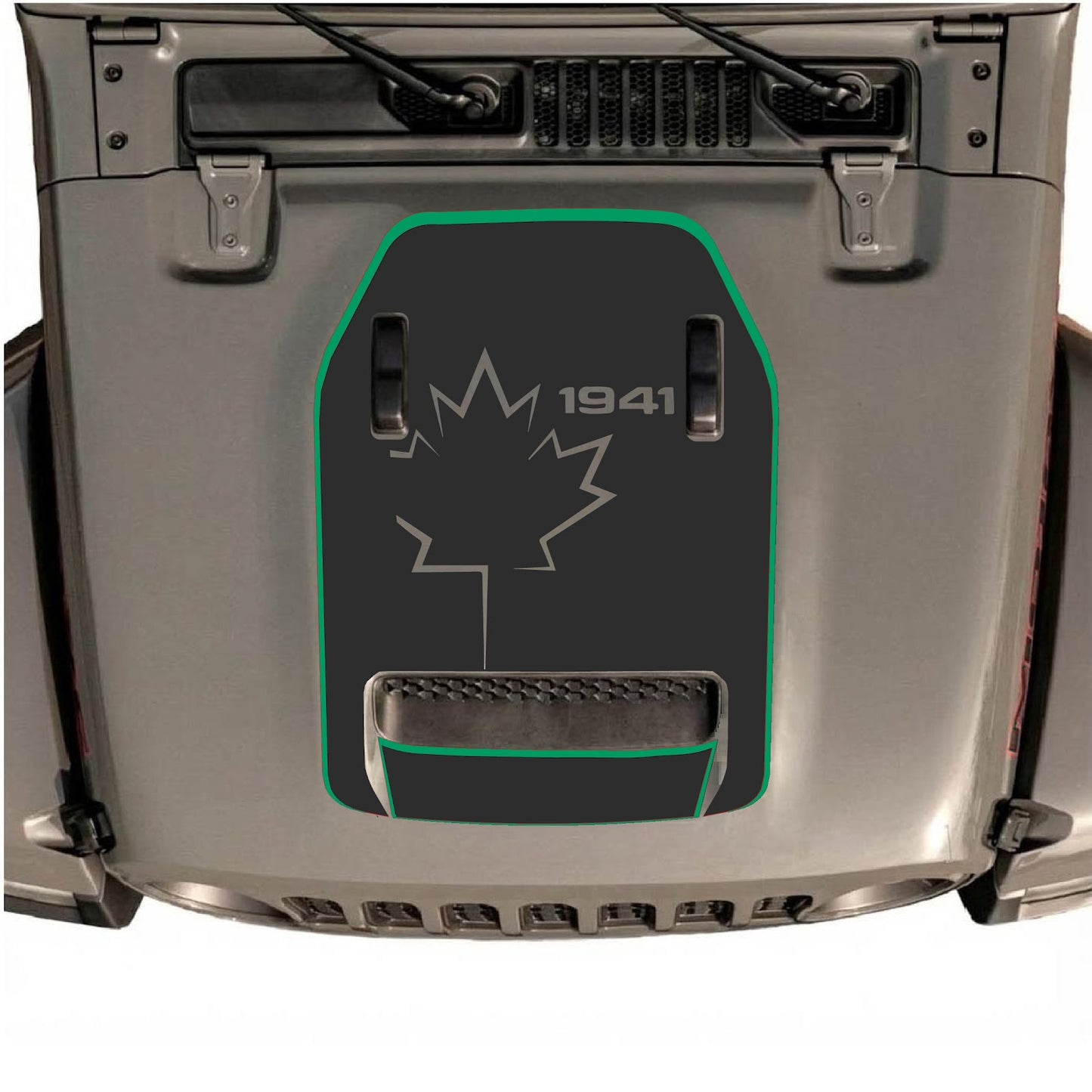 CarCode hood decal for Jeep Wrangler JL/JLU Rubicon 392 and JT Gladiator Mojave, style #79, black graphic on vehicle hood