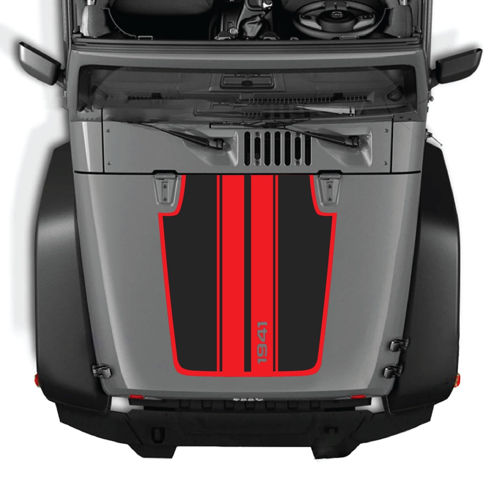 CarCode Jeep Wrangler JK/JKU hood decal, style #66, black graphic sticker for 2007-2018 models, shown on vehicle hood.