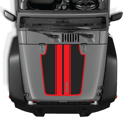 CarCode Jeep Wrangler JK/JKU hood decal, style #66, black graphic sticker for 2007-2018 models, shown on vehicle hood.