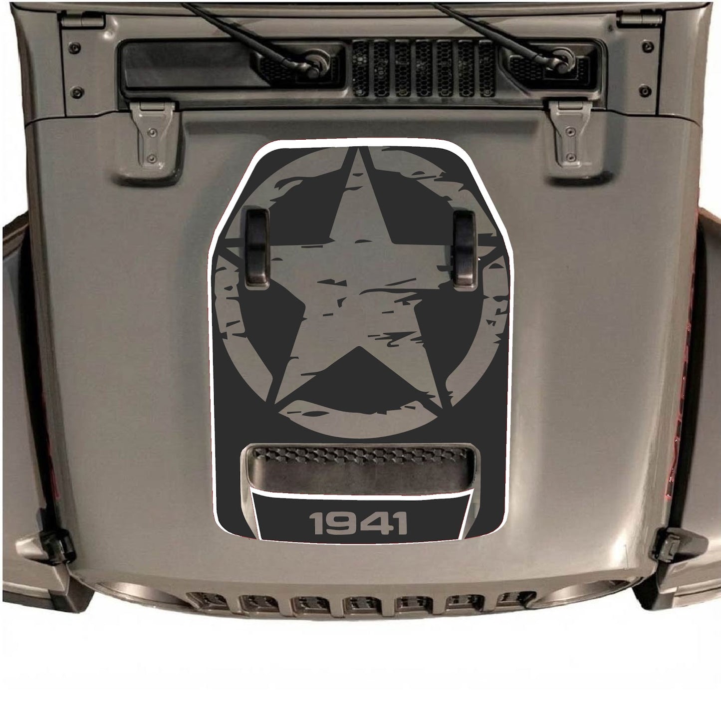 CarCode hood decal for Jeep Wrangler JL/JLU Rubicon 392 and JT Gladiator Mojave, style #85, black graphic on vehicle hood