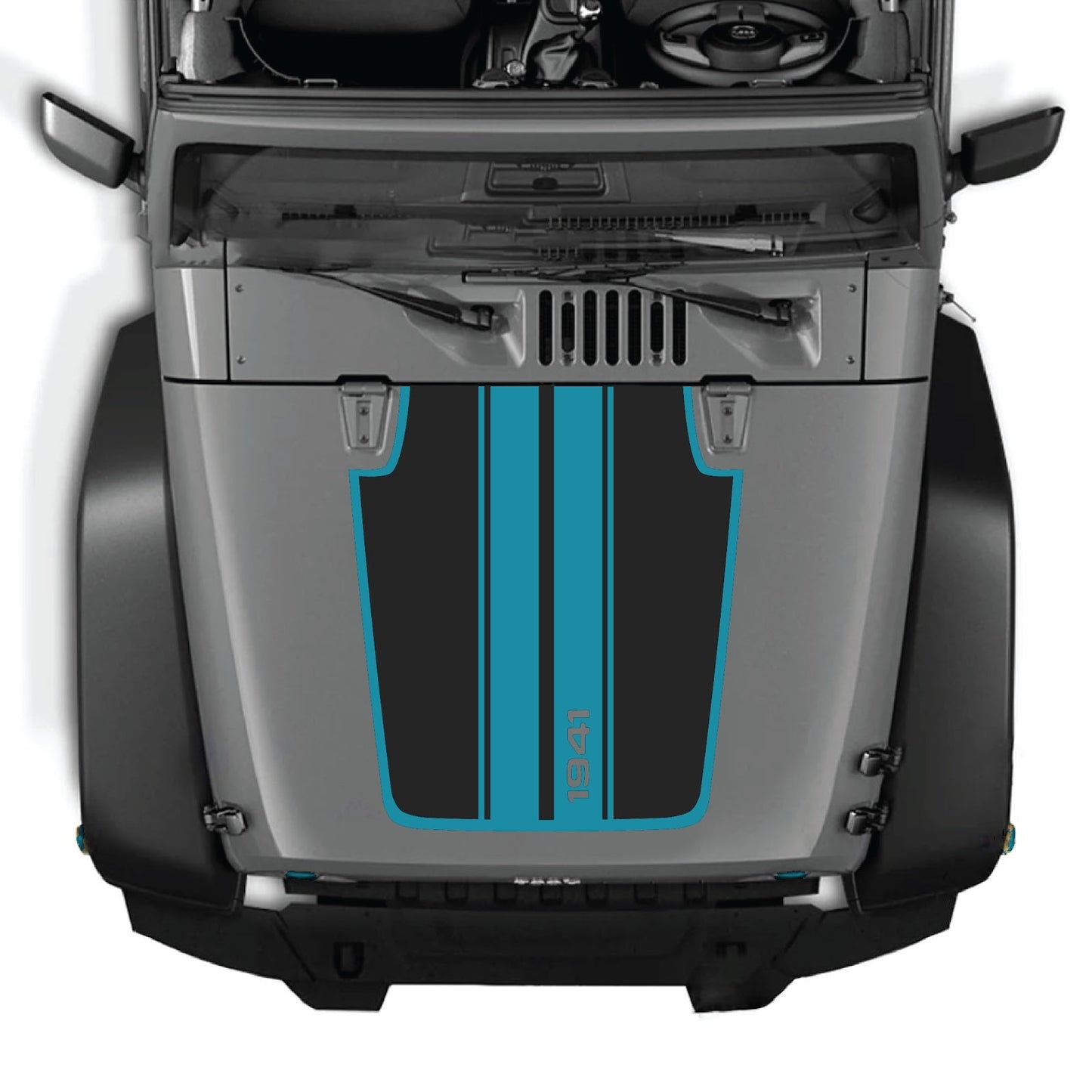 Jeep Wrangler JK/JKU hood decal in style #66, black and white graphic design, applied on the vehicle's hood.