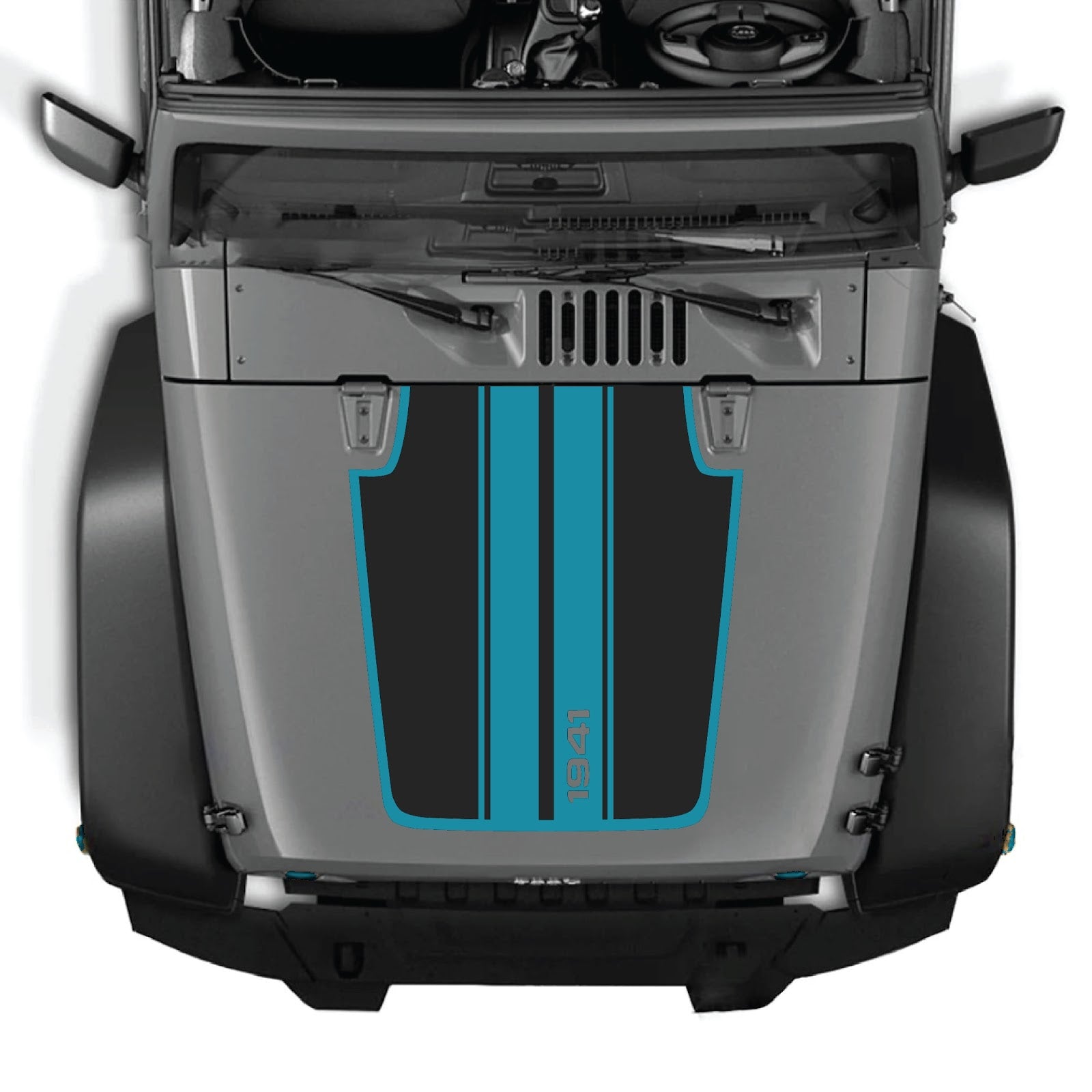 Jeep Wrangler JK/JKU hood decal in style #66, black and white graphic design, applied on the vehicle's hood.