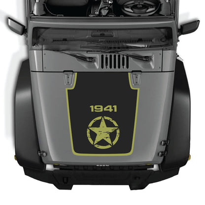 CarCode hood decal for Jeep Wrangler JK/JKU 2007-2018, Style #22, featuring bold black and white graphic design on the hood.