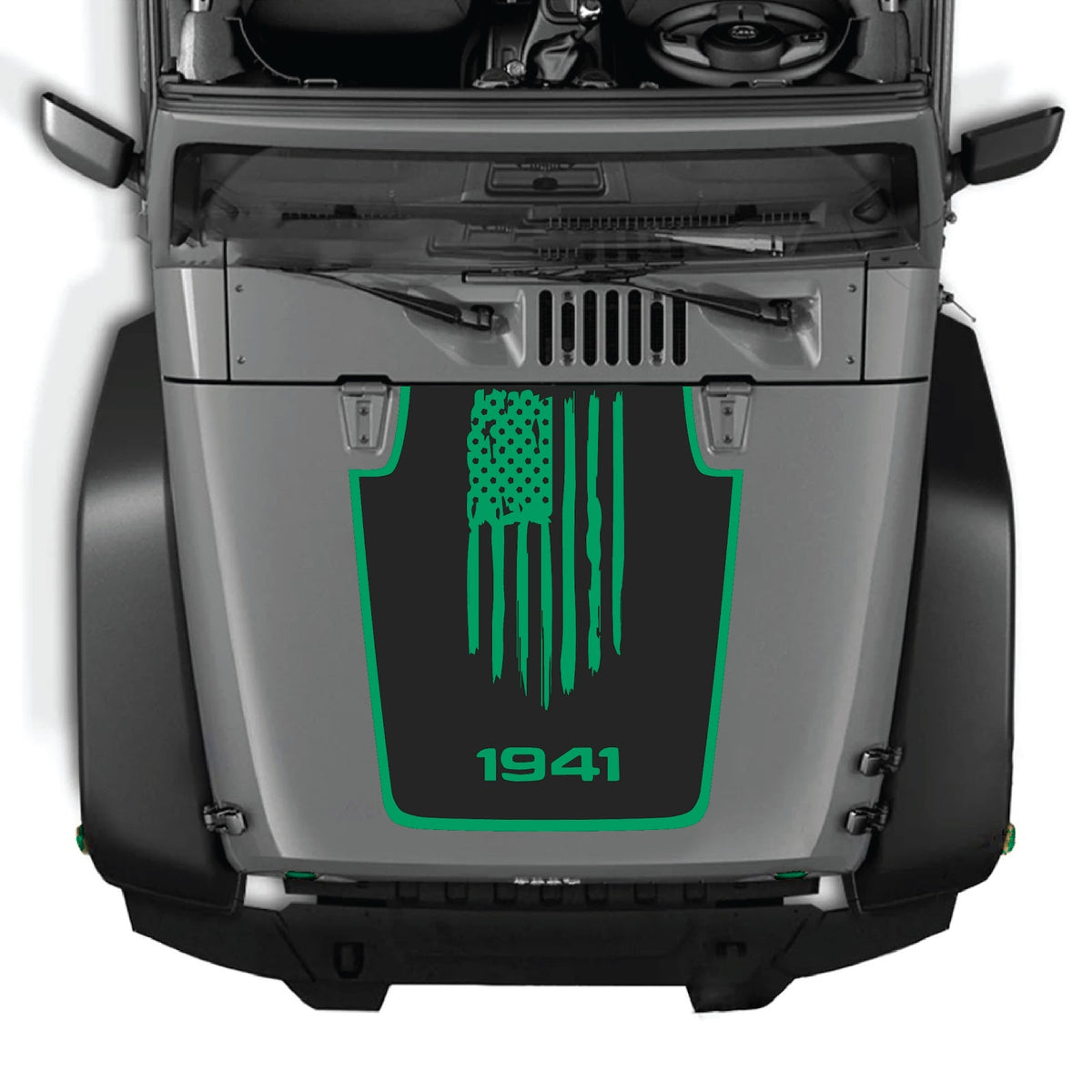 CarCode Jeep Wrangler JK/JKU hood decal in style #06, black and gray design on the vehicle's hood for 2007-2018 models.