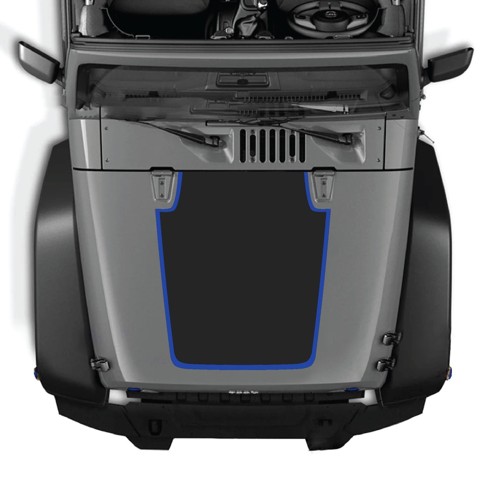CarCode Jeep Wrangler JK/JKU hood decal in style #61, black graphic design on vehicle hood for 2007-2018 models