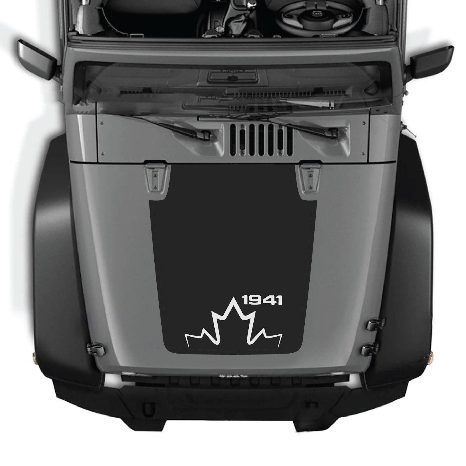 CarCode hood decal for Jeep Wrangler JK/JKU 2007-2018, style #12, black graphic design on matte hood surface
