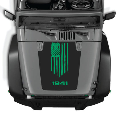 CarCode hood decal for Jeep Wrangler JK/JKU 2007-2018, Style #04, shown on vehicle's hood with a sleek black design.