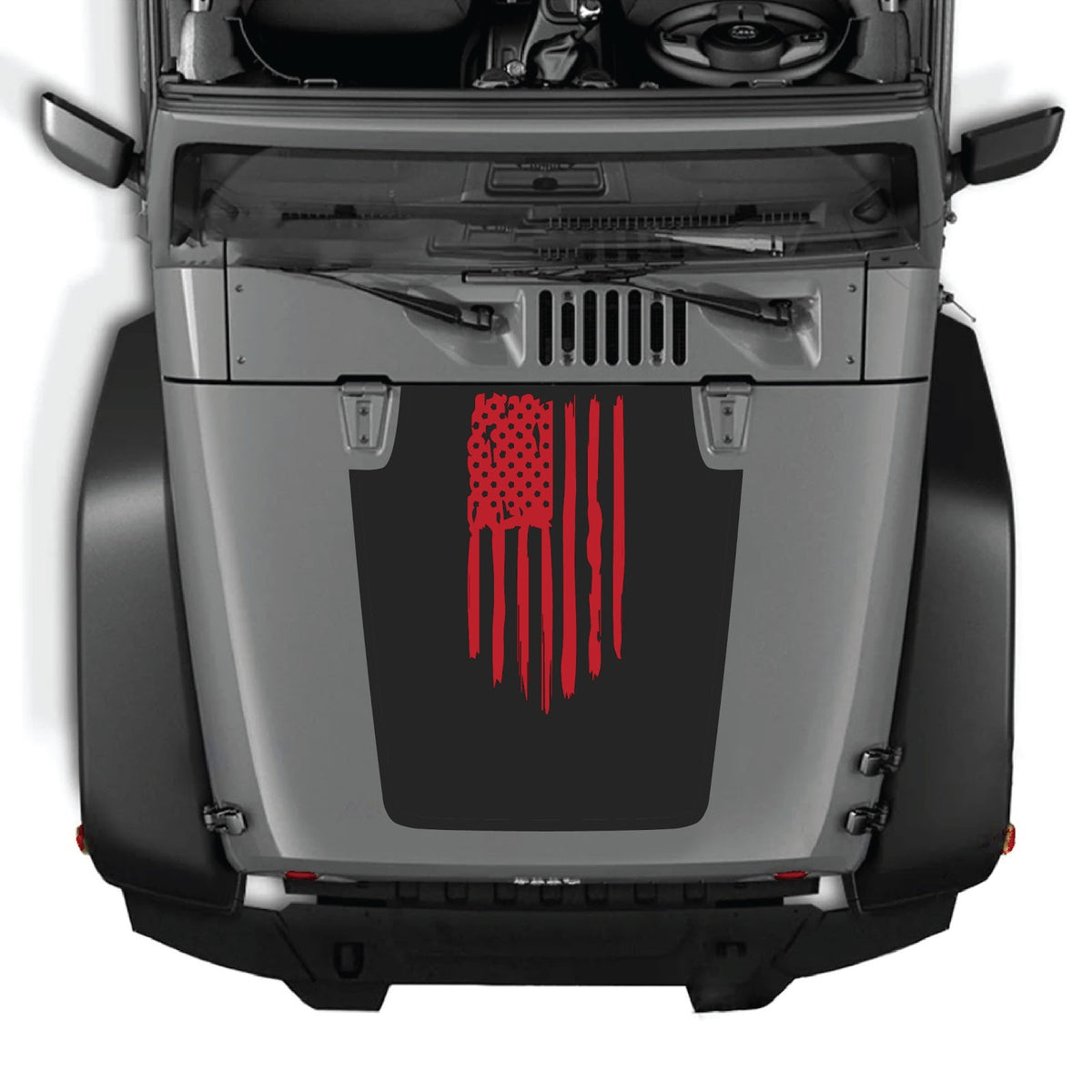 CarCode Jeep Wrangler JK/JKU hood decal style 03, black graphic sticker for 2007-2018 Jeep models, shown on vehicle hood.