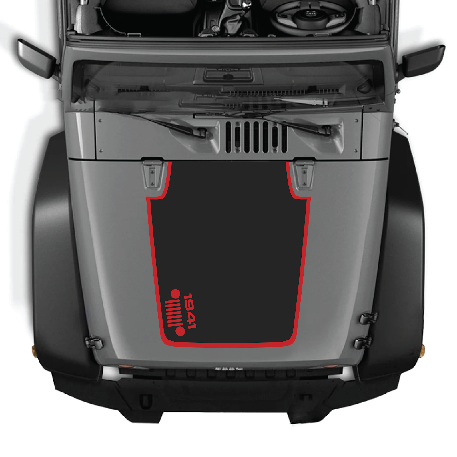 CarCode hood decal for Jeep Wrangler JK/JKU 2007-2018, style #58, black and white graphic design on vehicle hood.