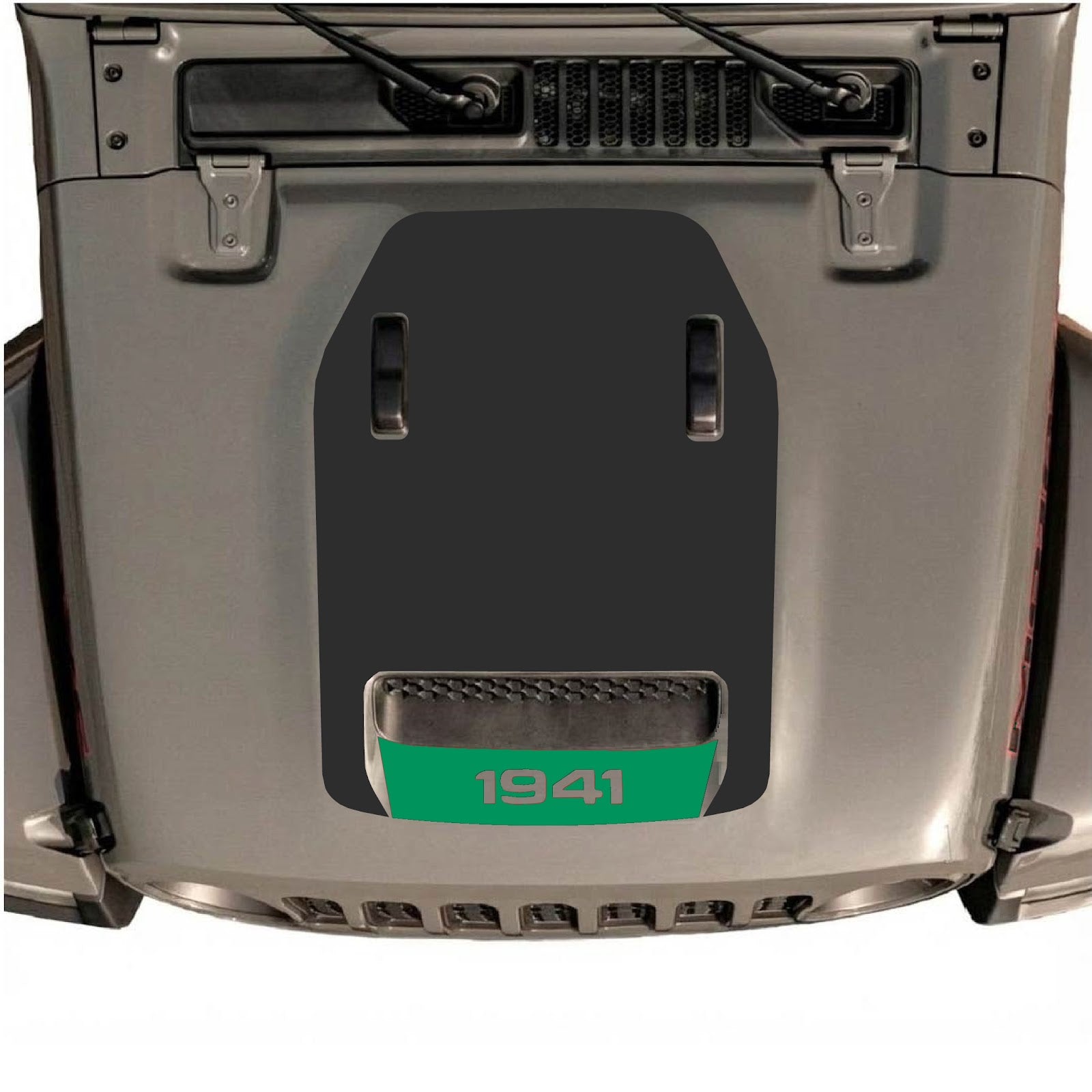 CarCode Jeep Wrangler JL/JLU Rubicon 392 and JT Gladiator Mojave hood decal in black with style #101 design on vehicle hood.