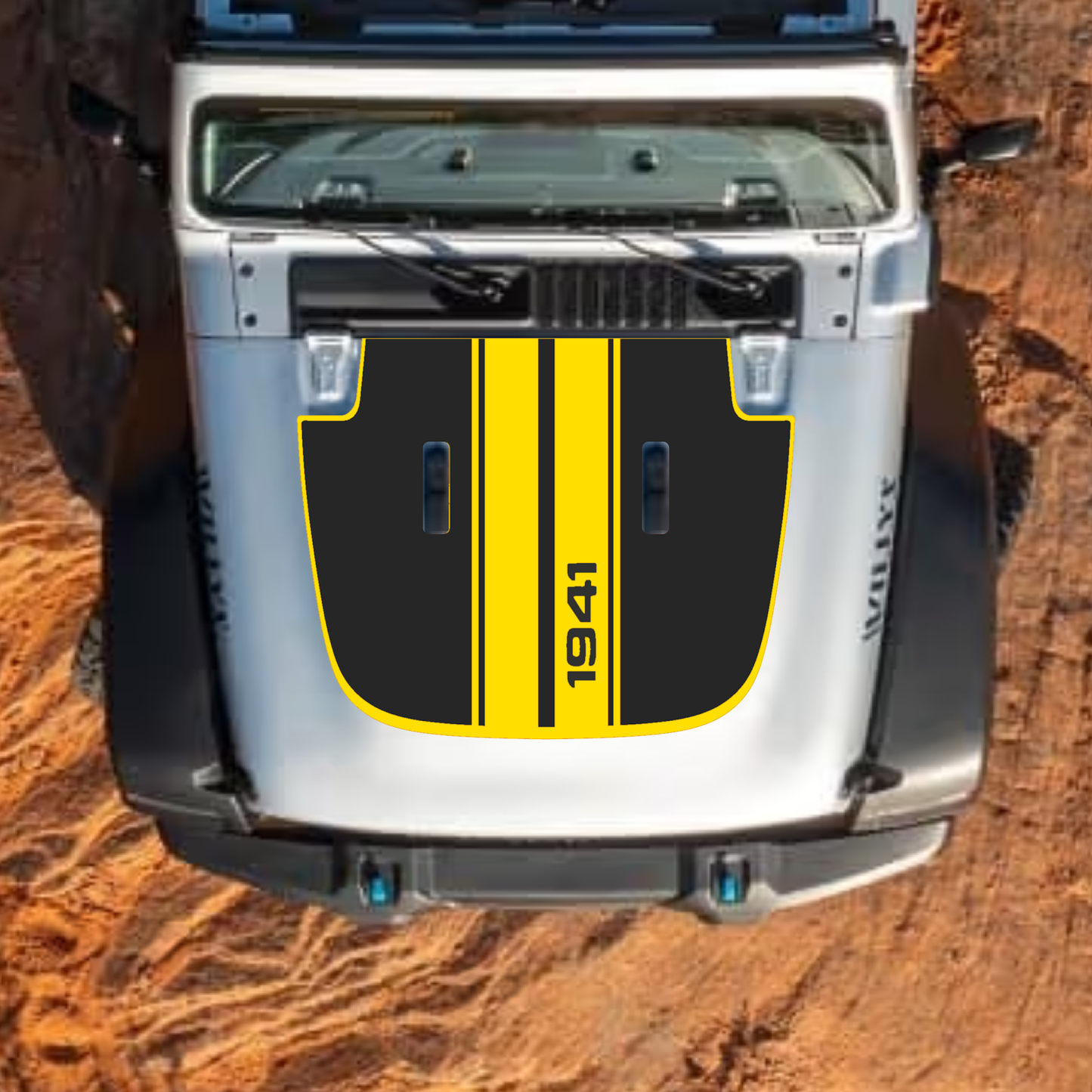 CarCode hood decal for Jeep Wrangler JL, JLU, Gladiator JT, 2018+ style #06, showing black and white graphic on vehicle hood